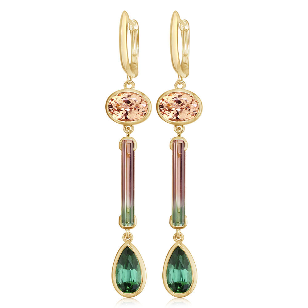 14K Yellow Gold Green/Bi-Color Tourmaline & Lotus Garnet Earrings
