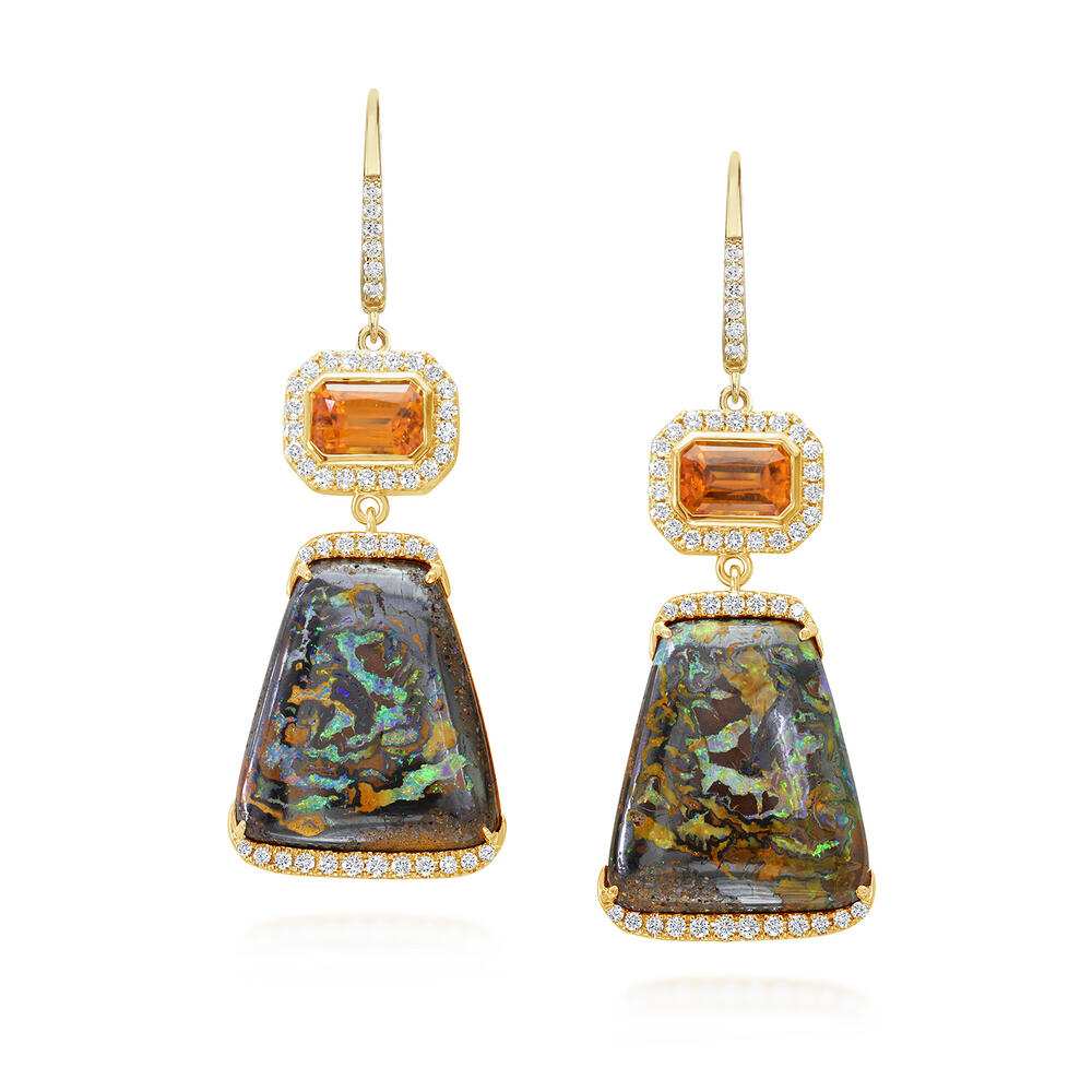 18K Yellow Gold Australian Boulder Opal/Mandarin Garnet/Diamond Earrings