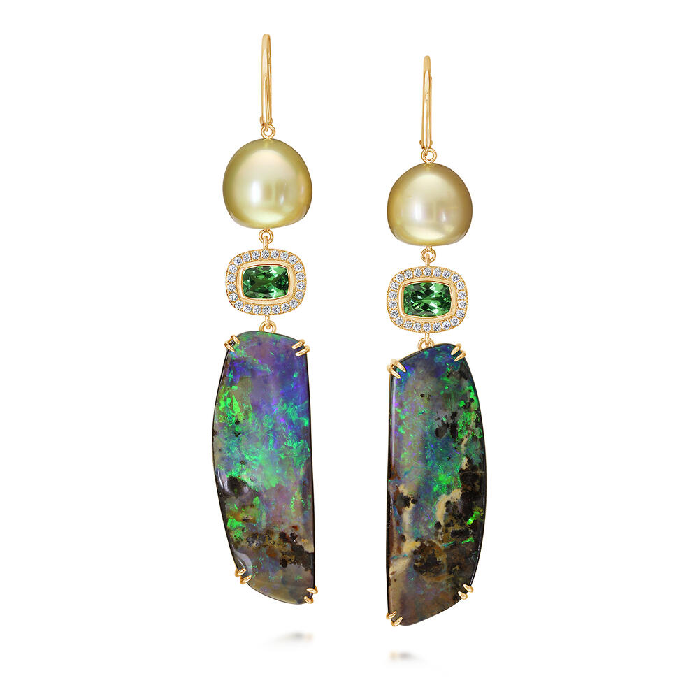 18K Yellow Gold Australian Boulder Opal/South Sea Pearl/Tsavorite Earrings