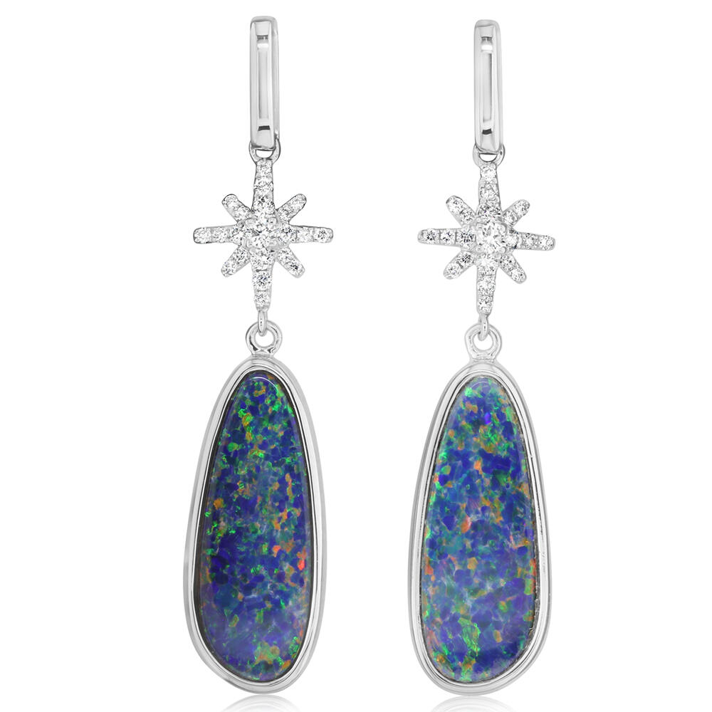 14K White Gold Australian Opal Doublet/Diamond Star Earrings