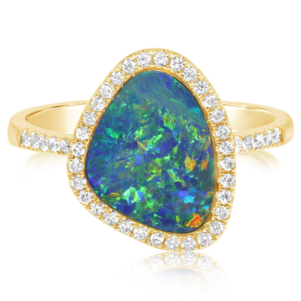 14K Yellow Gold Australian Opal Doublet/Diamond Ring ,