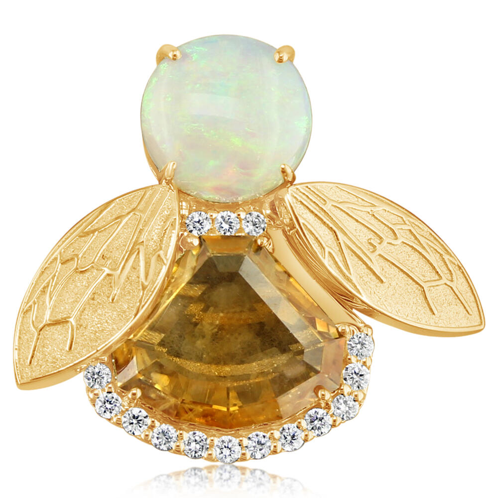 14K Yellow Gold Orange Montana Sapphire/Australian Opal/Diamond Pin