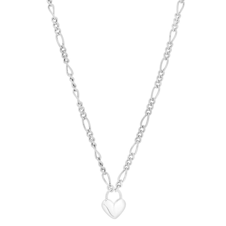 Silver Heart Padlock Figaro Necklace