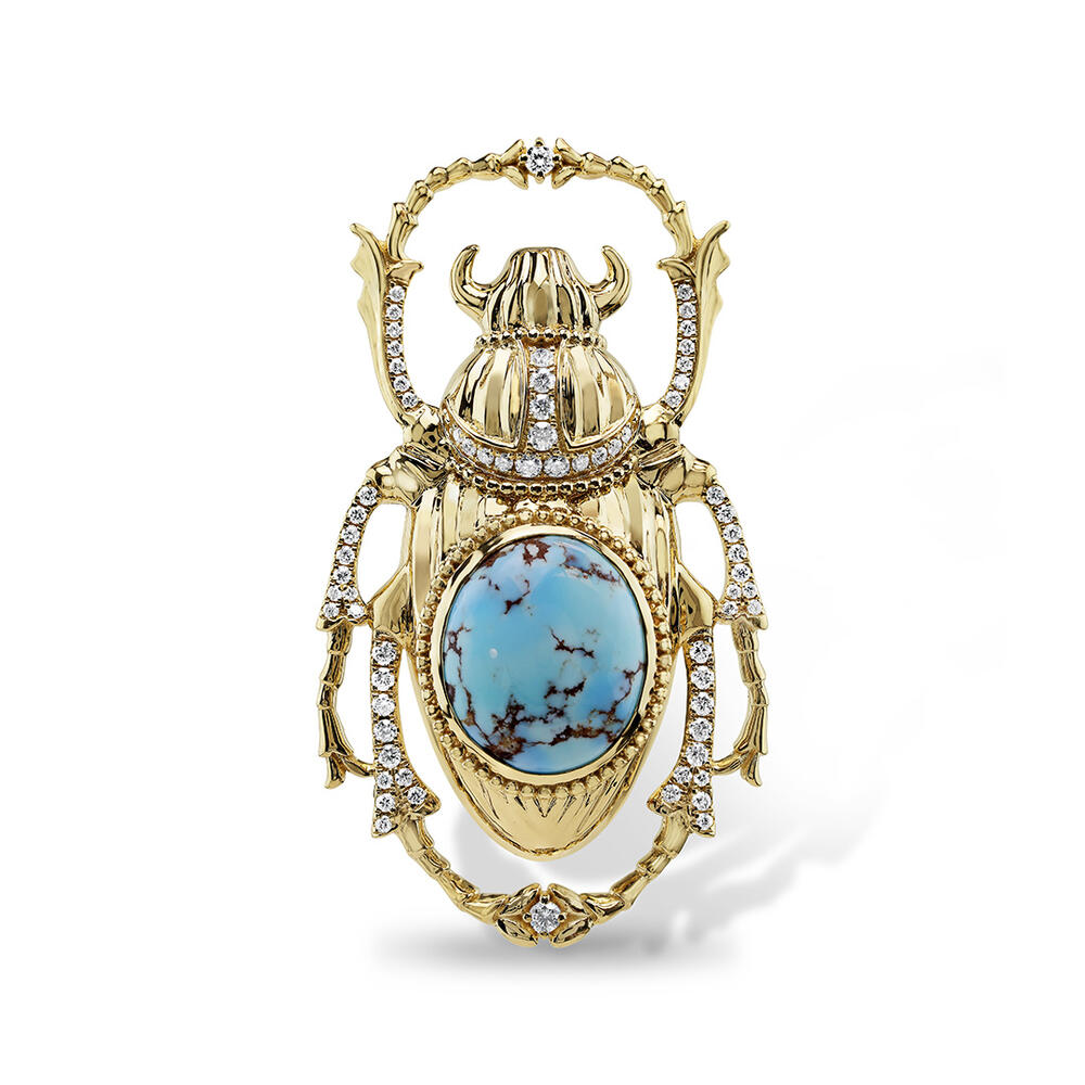 14K Yellow Gold Kazakhstan Turquoise/Diamond Scarab Brooch
