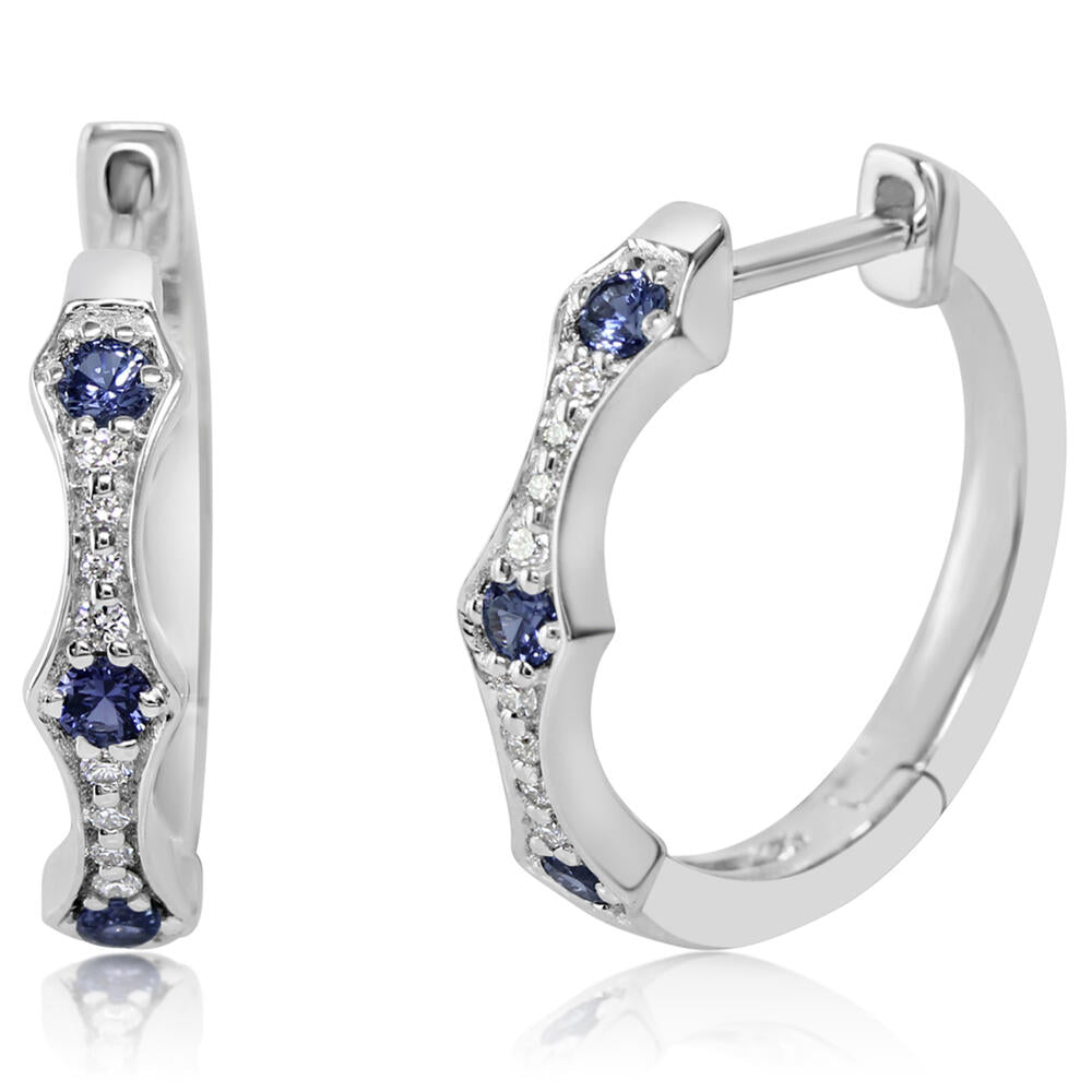 14K White Gold Yogo Sapphire/Diamond Hoop Earrings