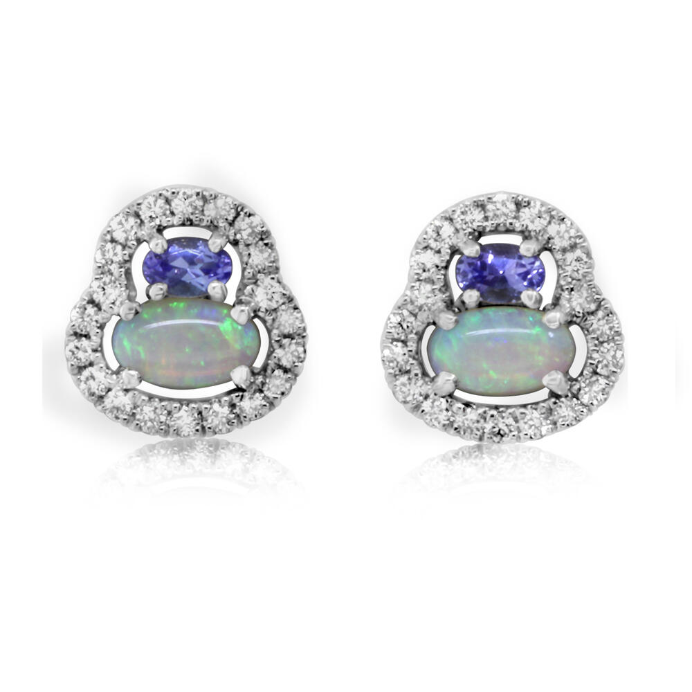 14K White Gold Australian Opal/Tanzanite/Diamond Earrings