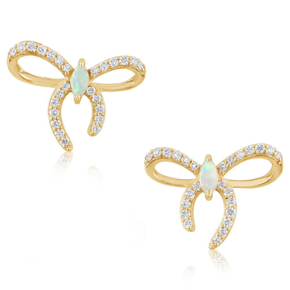 14K Yellow Gold Australian Opal/ Diamond Bow Earrings