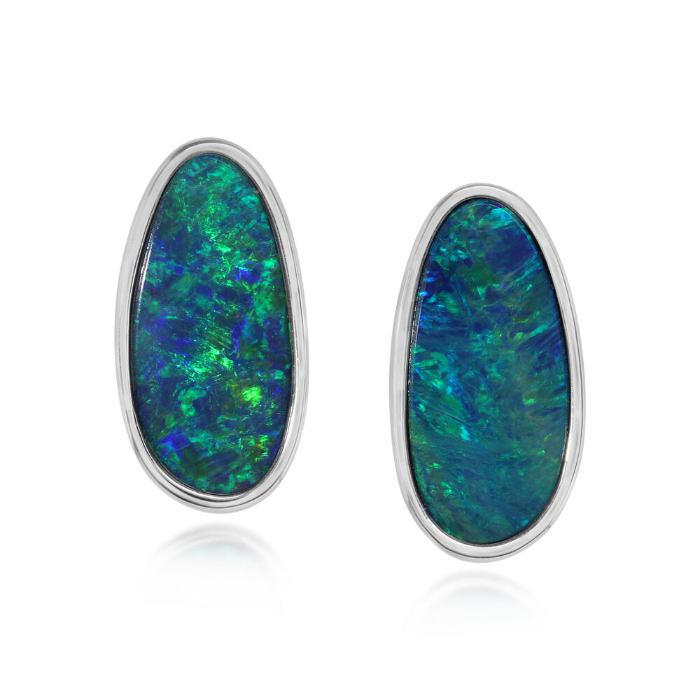 14K White Gold Australian Opal Doublet Small Plain Bezel Earrings