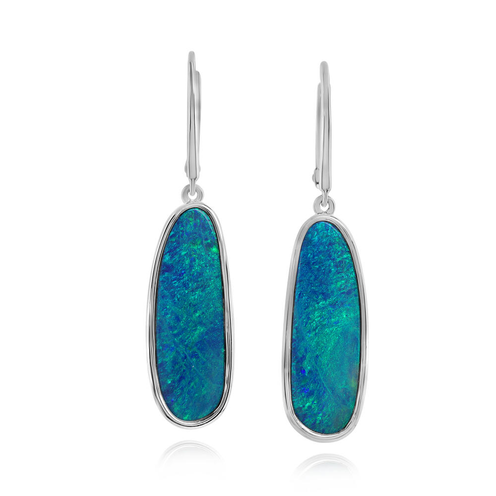 14K White Gold Australian Opal Doublet Plain Bezel Leverback Earrings