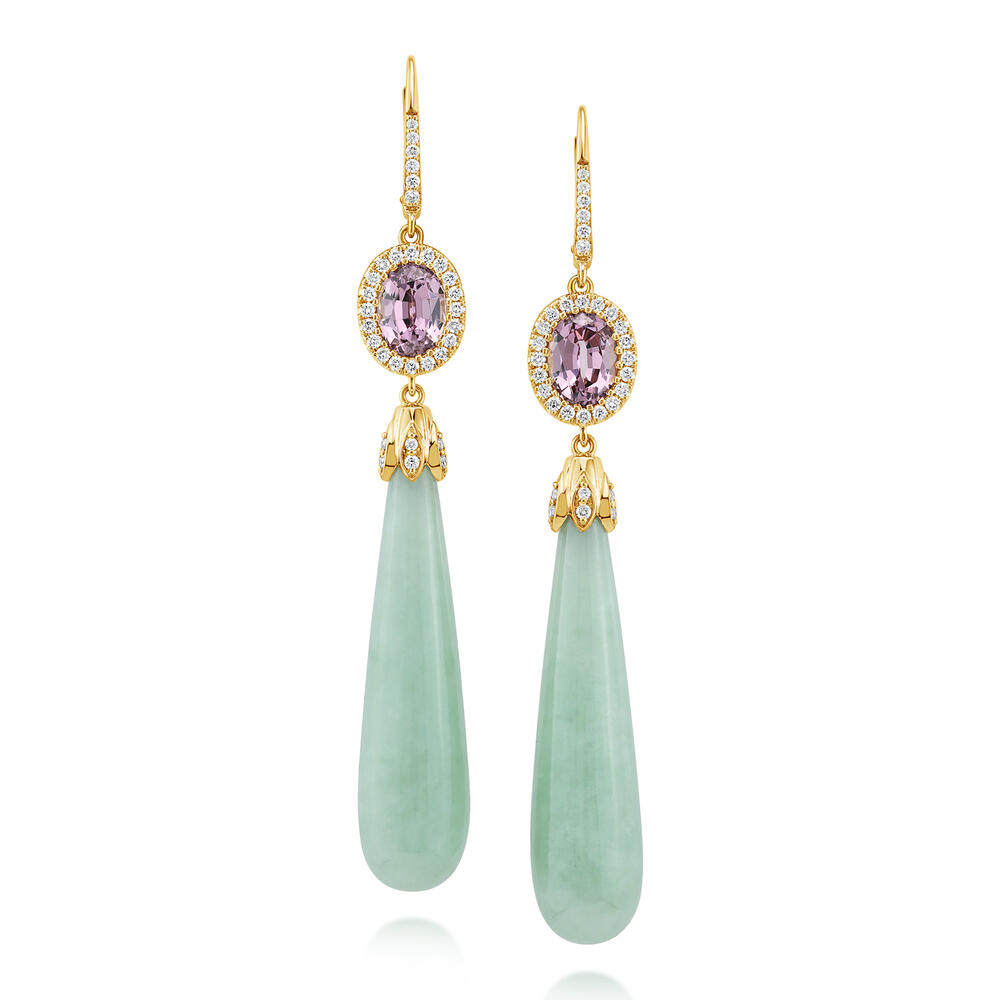 18K Yellow Gold Green Jade/Lotus Garnet/Diamond Earrings