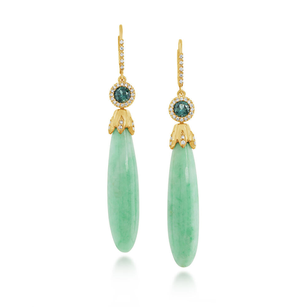 14K Yellow Gold Guatemalan Jade/Montana Sapphire/Diamond Earrings