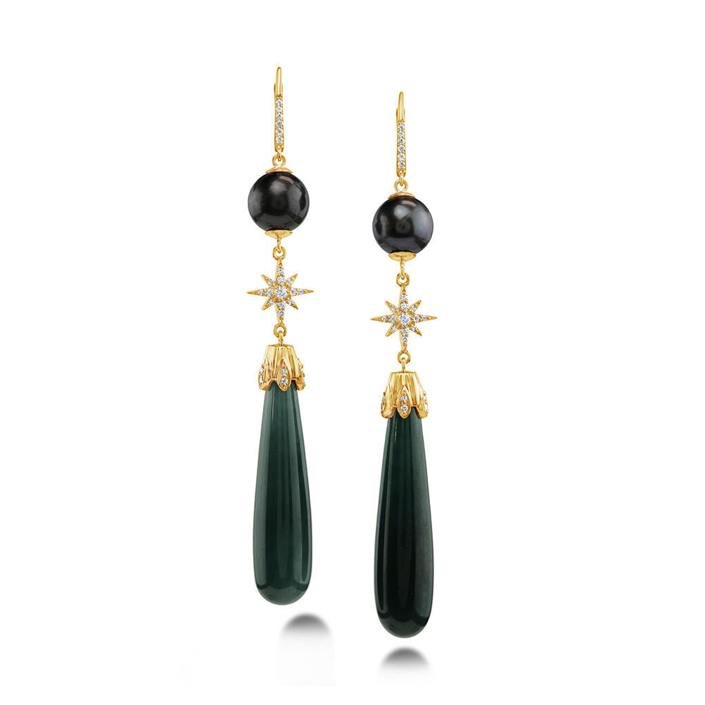 18K Yellow Gold Guatemalan Jade/Tahitian Pearl/Diamond Earrings
