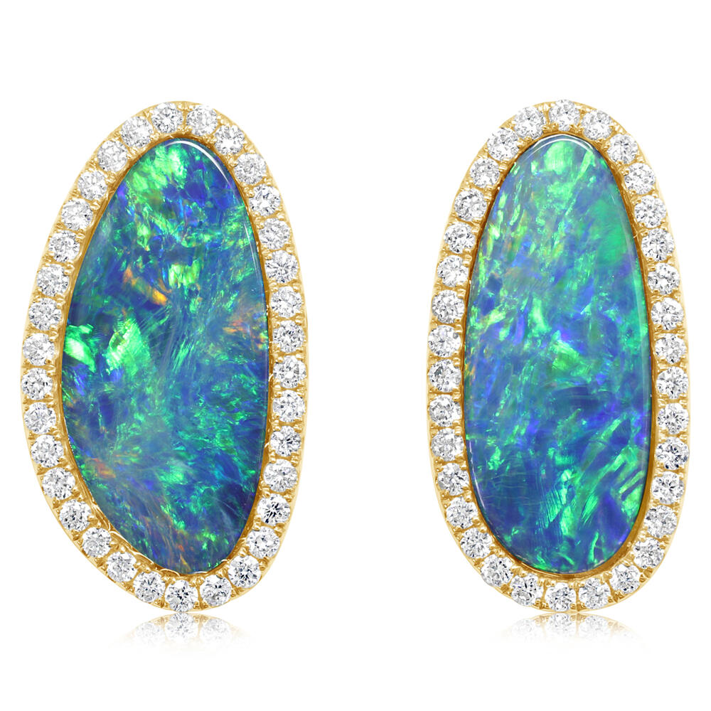 14K Yellow Gold Australian Opal Doublet/Diamond Earrings