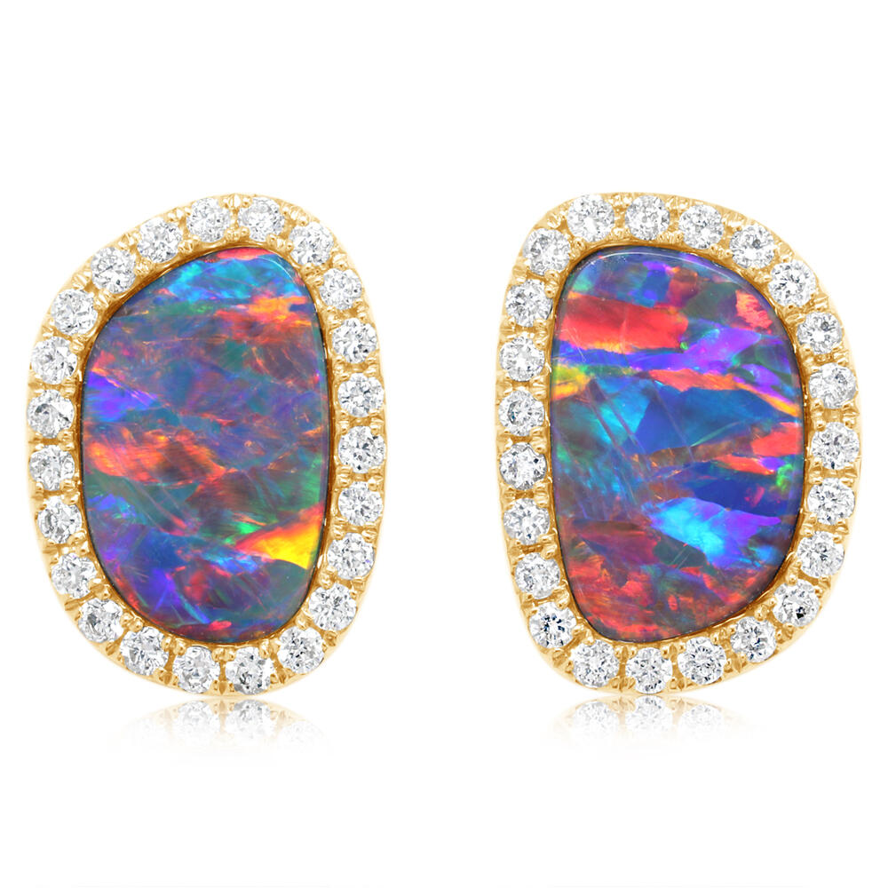 14K Yellow Gold Australian Opal Doublet/Diamond Earrings