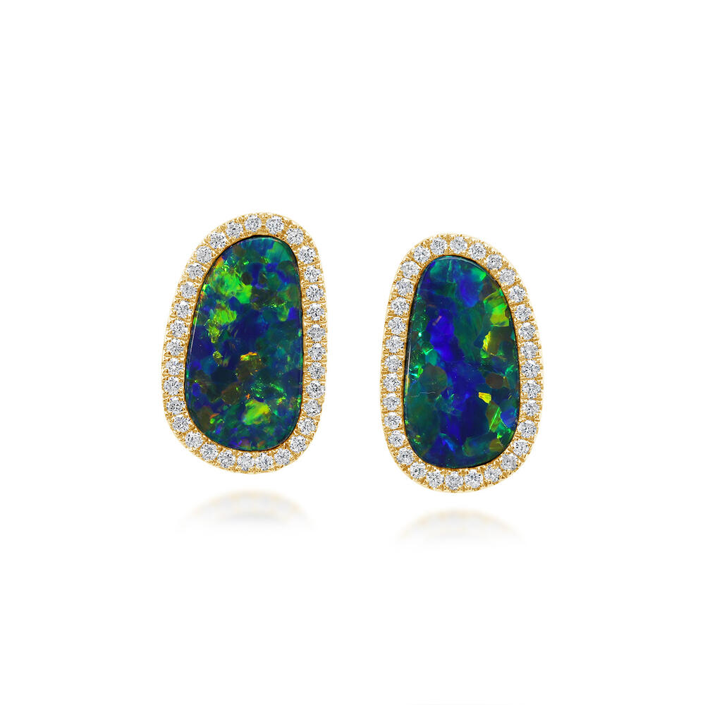 14K Yellow Gold Australian Opal Doublet/Diamond Earrings