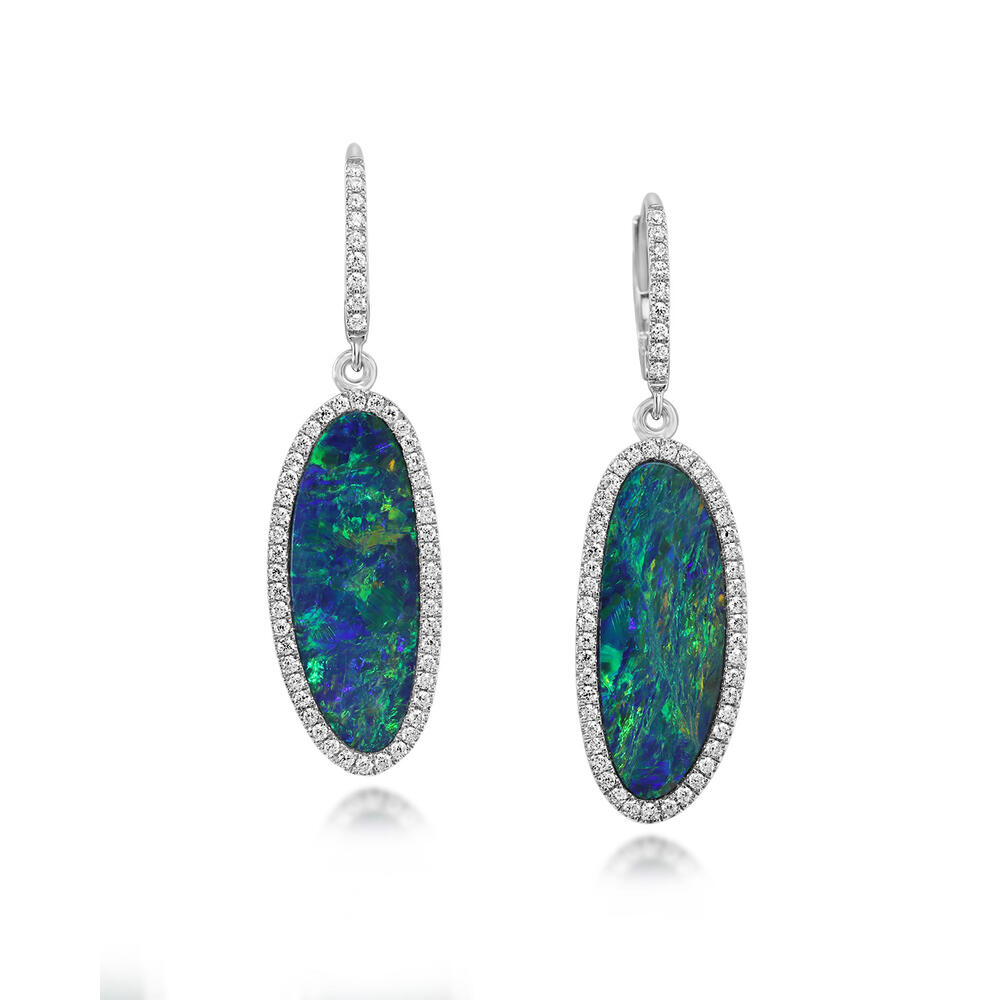 14K White Gold Australian Opal Doublet/Diamond Earrings
