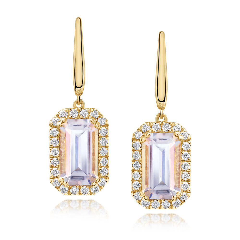 18K Yellow Gold Rainbow Moonstone/Diamond Earrings