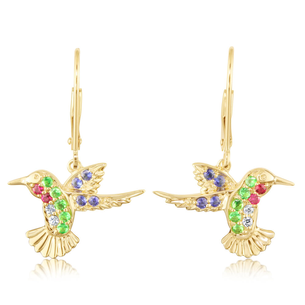 14K Yellow Gold Tsavorite/Ruby/Blue & Green Sapphire Hummingbird Earrings