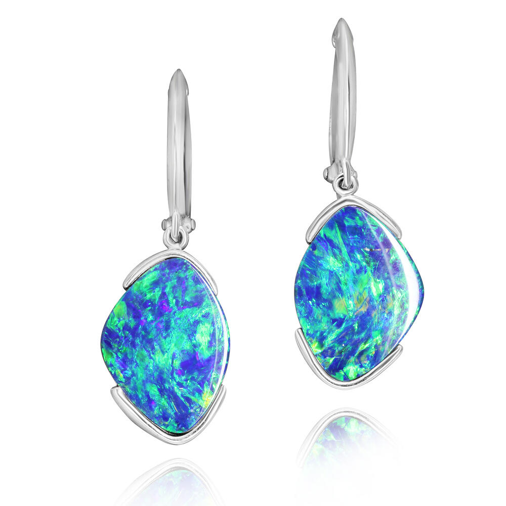 14K White Gold Australian Opal Doublet Earrings