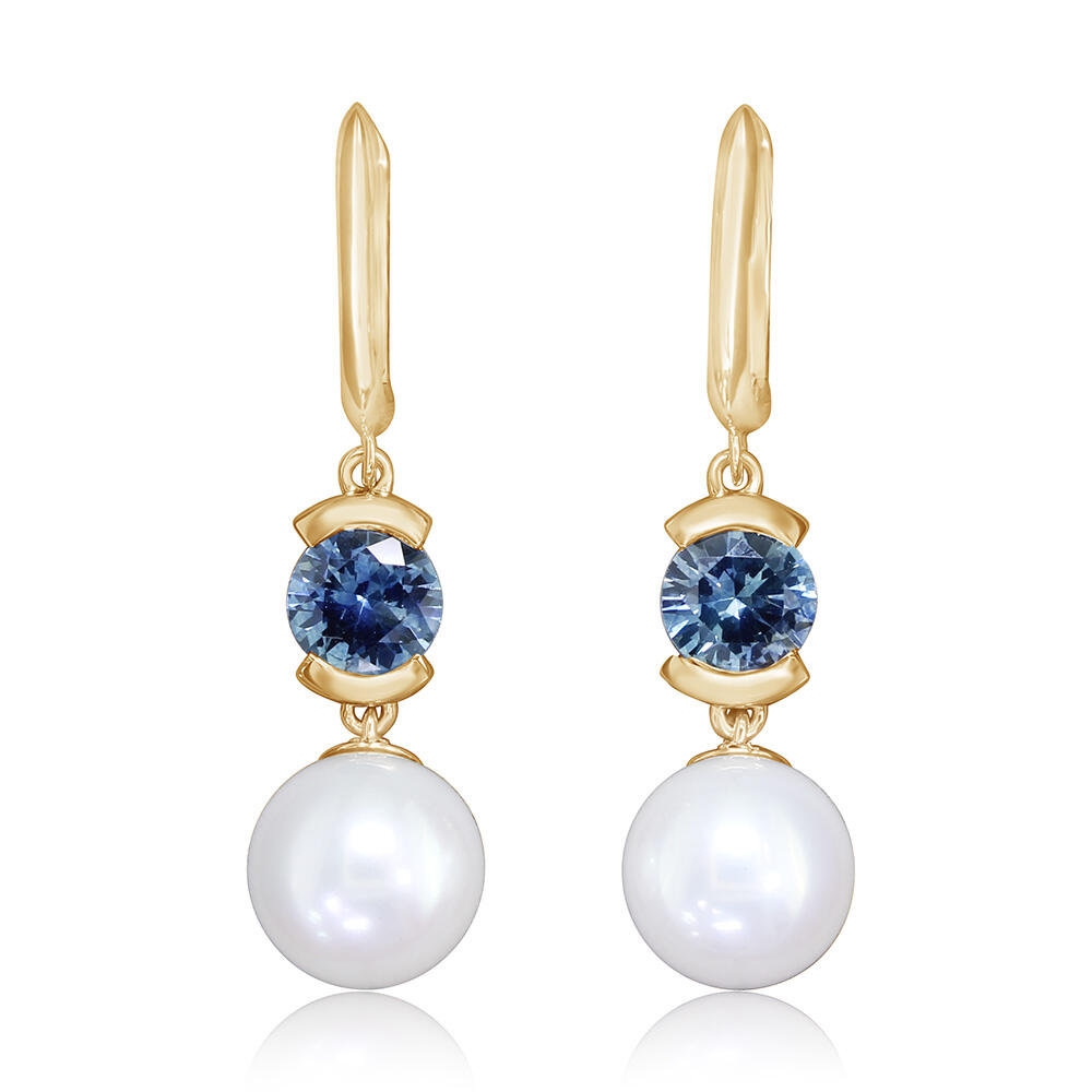 14K Yellow Gold White Freshwater Cultured Pearl/Montana Sapphire Earrings