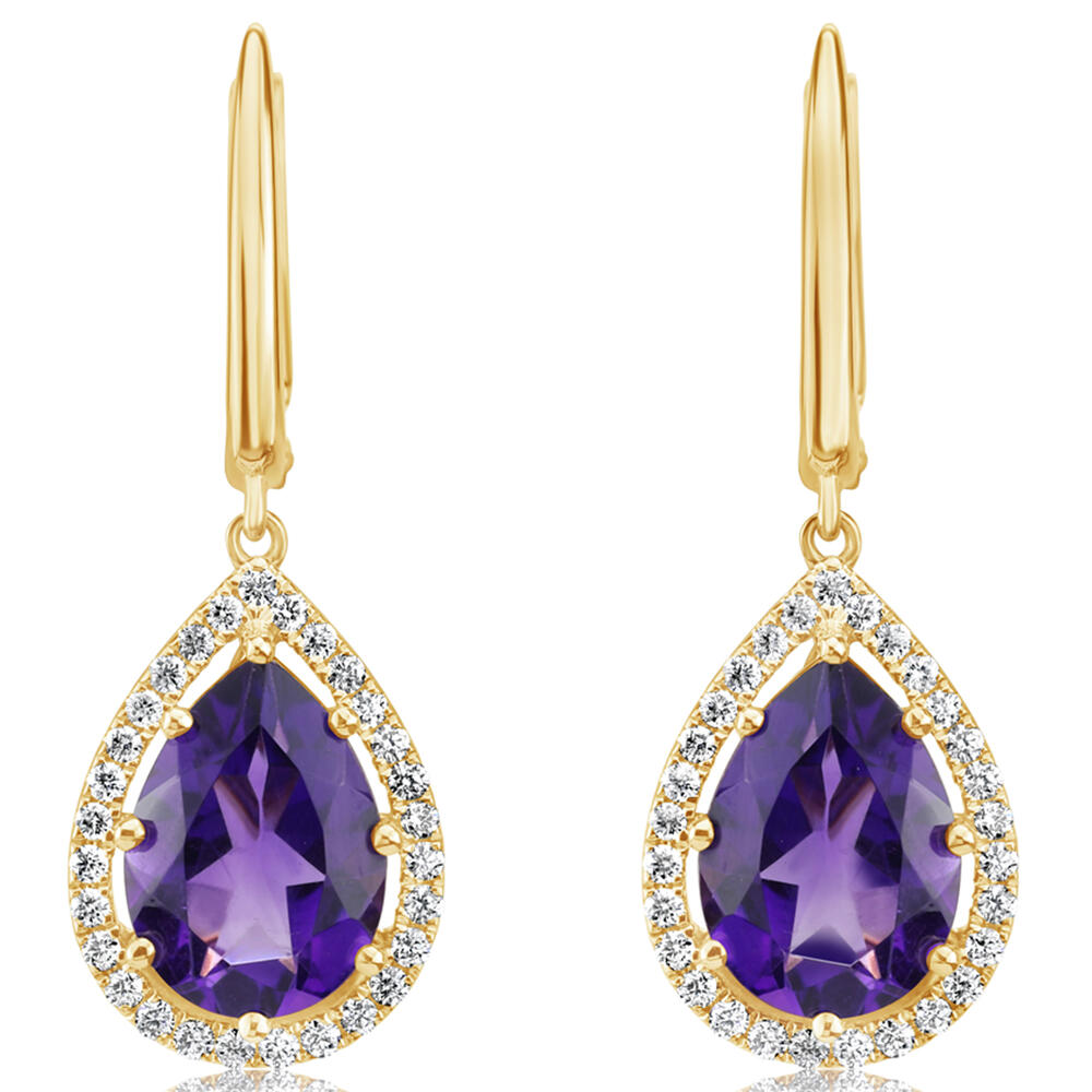 14K Yellow Gold 10x7mm Pear Amethyst/Diamond Earrings