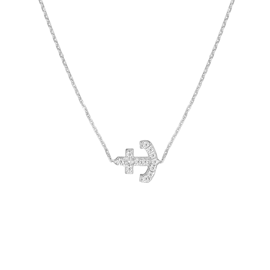Sideways Mini CZ Anchor Necklace