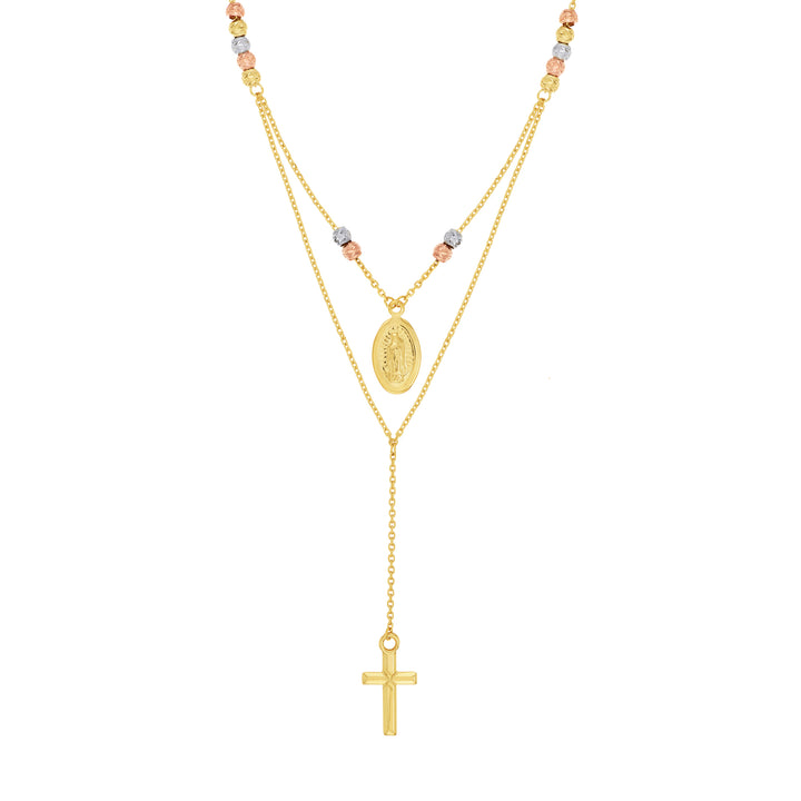 Tri-Color Virgin Mary and Cross Duo Necklace