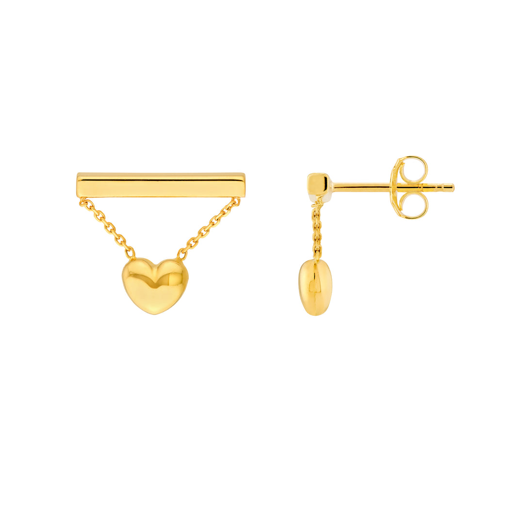 Horizontal Bar Earrings with Dangle Heart Chain