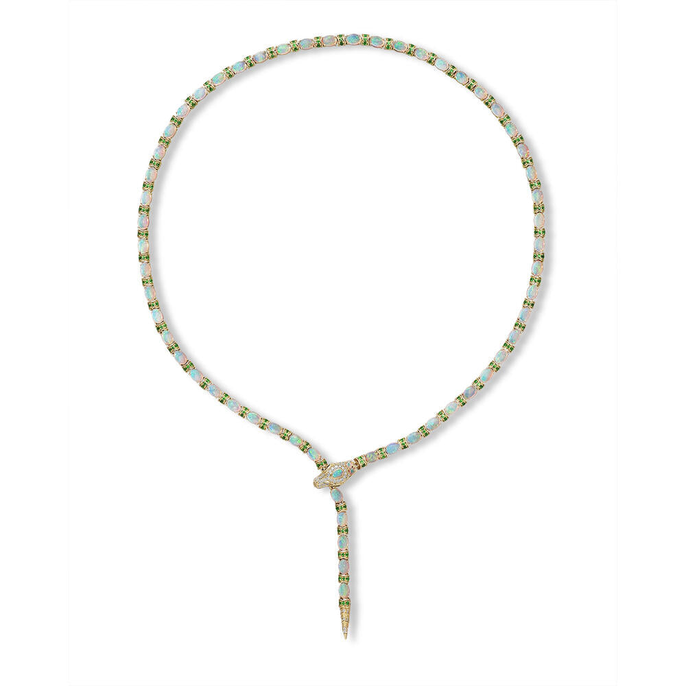 18K Yellow Gold Australian Opal/Tsavorite/Diamond Snake Neckpiece