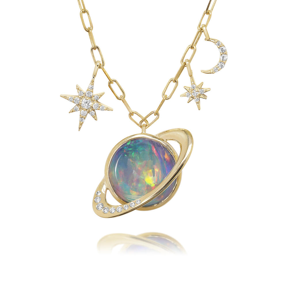 18K Yellow Gold Mexican Fire Opal/Diamond Saturn Neckpiece