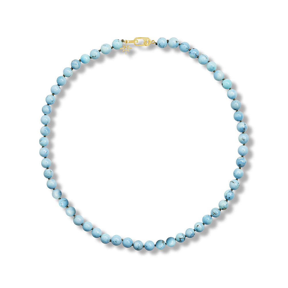 14K Yellow Gold 7.3 - 8.3mm Round Bead16"" Golden Hill Turquoise/Diamond Strand Necklace