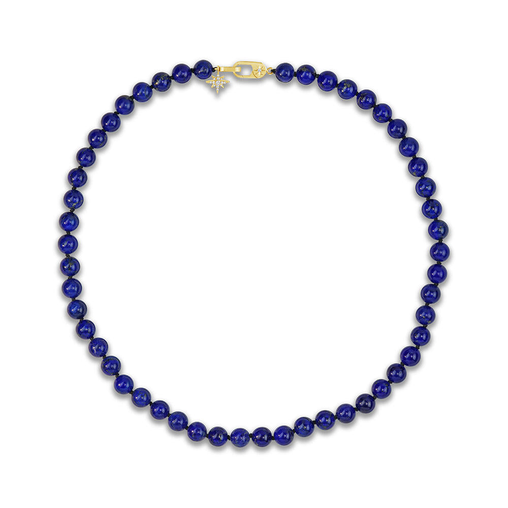 14K Yellow Gold 18"" 8mm Round Lapis Lazuli/Diamond Bead Neckpiece