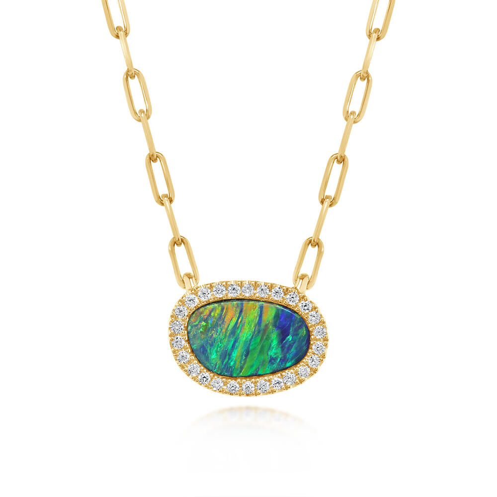 14K Yellow Gold Australian Opal Doublet/Diamond Neckpiece