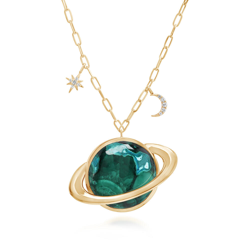 14K Yellow Gold Malachite/ Chrysocolla/Diamond Saturn Neckpiece
