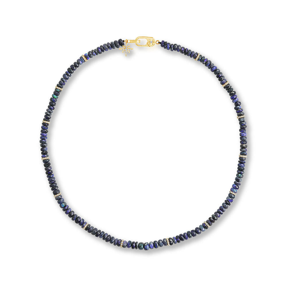14K Yellow Gold 5-5.5mm Faceted Rondelle Australian Black Opal/Diamond Strand Necklace