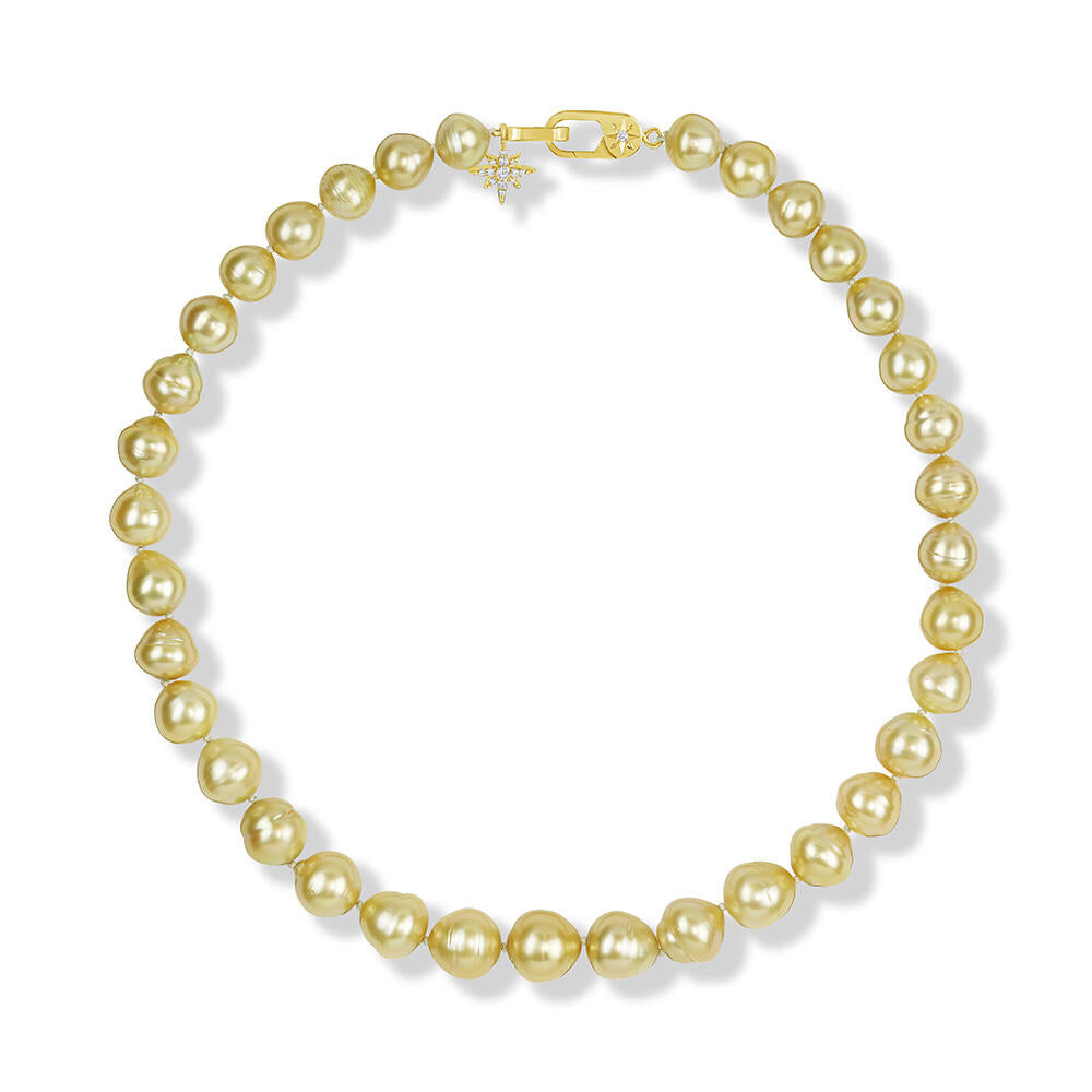 14K Yellow Gold 13.5 - 11mm Baroque Golden South Sea Pearl/Diamond Strand