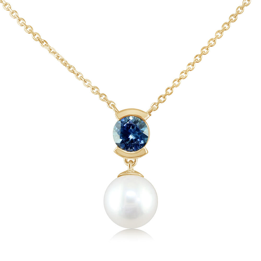 14K Yellow Gold White Freshwater Cultured Pearl/Montana Sapphire Neckpiece