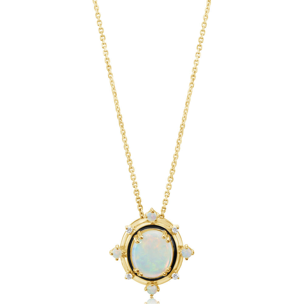 14K Yellow Gold Australian Opal/ Diamond Pendant with Black Enamel