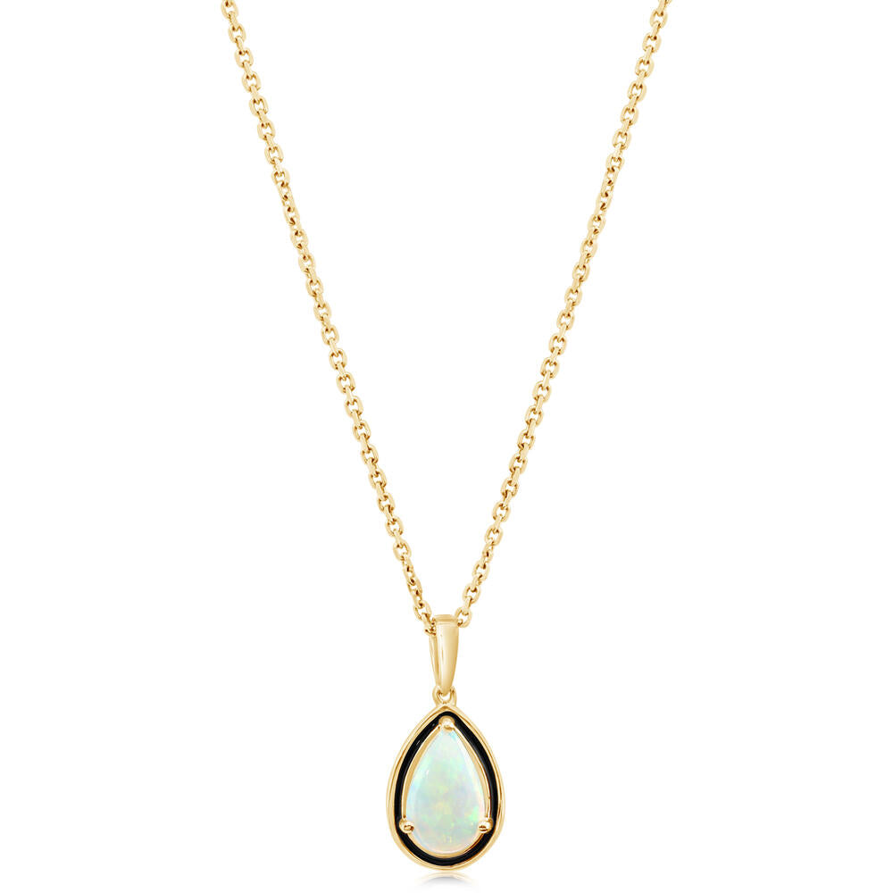 14K Yellow Gold Australian Opal Pendant with Black Enamel