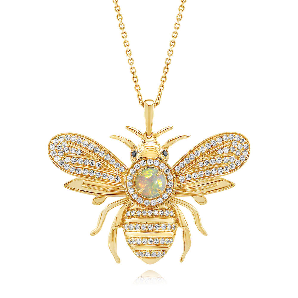 14K Yellow Gold Australian Opal/Diamond/Black Diamond Bee Pendant