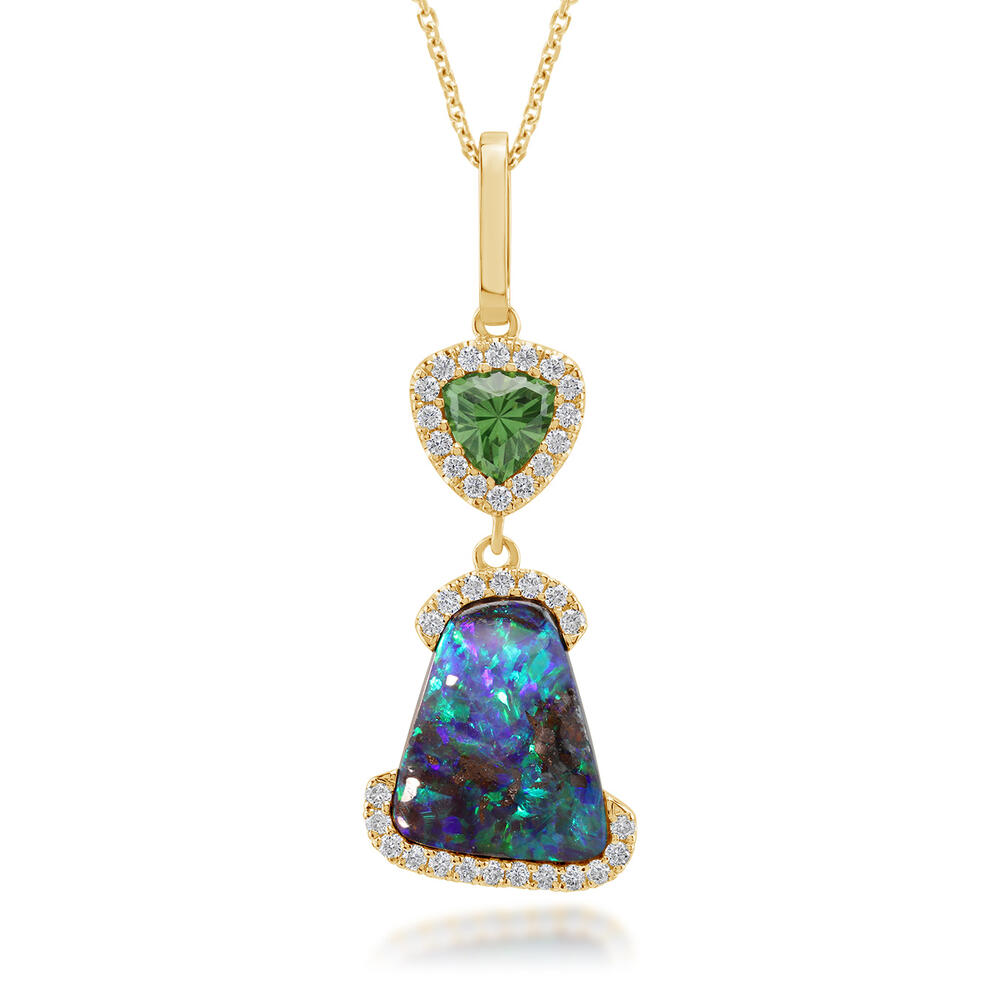18K Yellow Gold Australian Boulder Opal/Tsavorite/Diamond Pendant