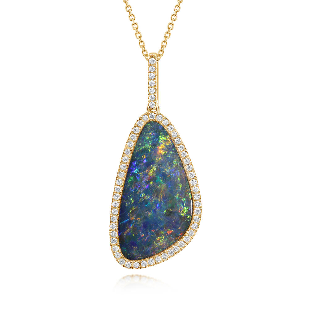 14K Yellow Gold Australian Opal Doublet/Diamond Pendant