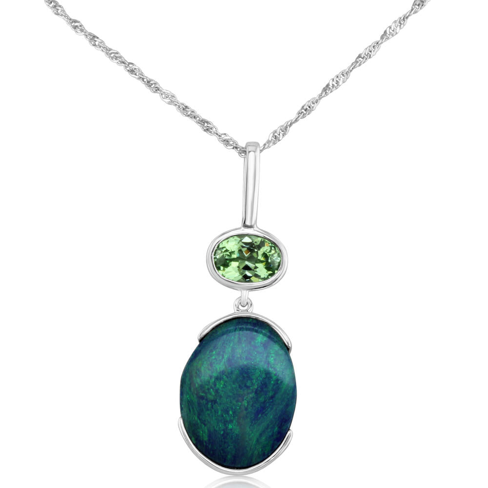 14K White Gold Australian Opal Doublet/Mint Garnet Pendant