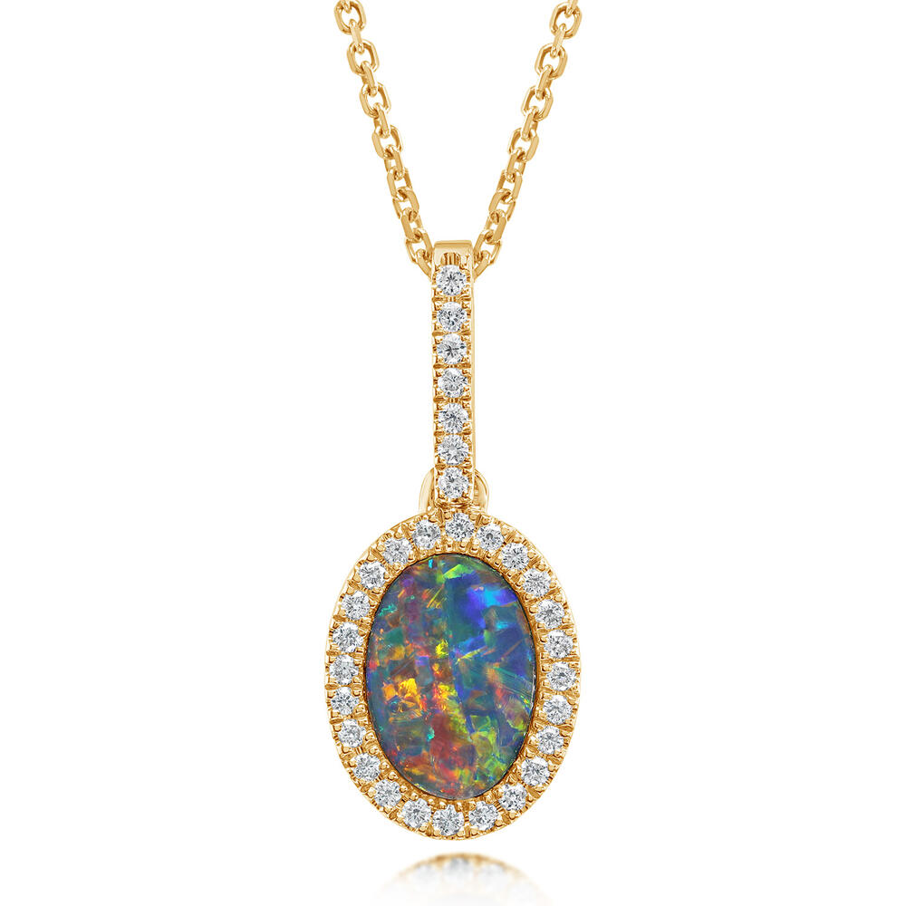 14K Yellow Gold Australian Opal Doublet/Diamond Pendant