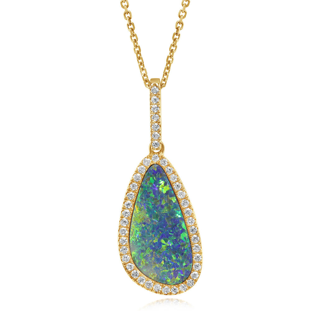 14K Yellow Gold Australian Opal Doublet/Diamond Pendant