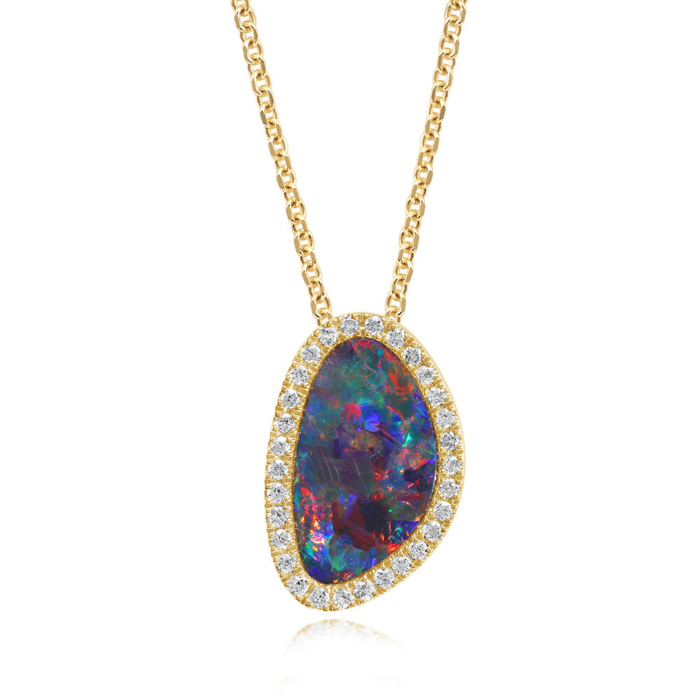 14K Yellow Gold Australian Opal Doublet/Diamond Pendant
