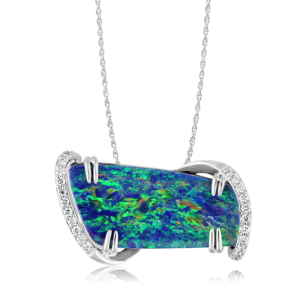 18K White Gold Australian Opal Doublet/Diamond Pendant