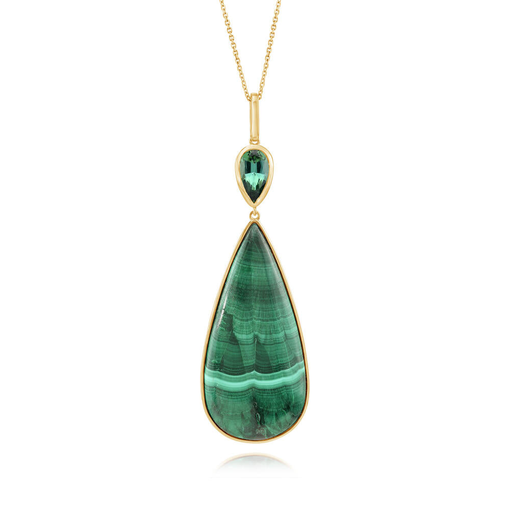 14K Yellow Gold Chatoyant Malachite/Green Tourmaline Pendant