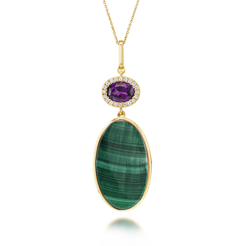 14K Yellow Gold Malachite/Purple Garnet/Diamond Pendant