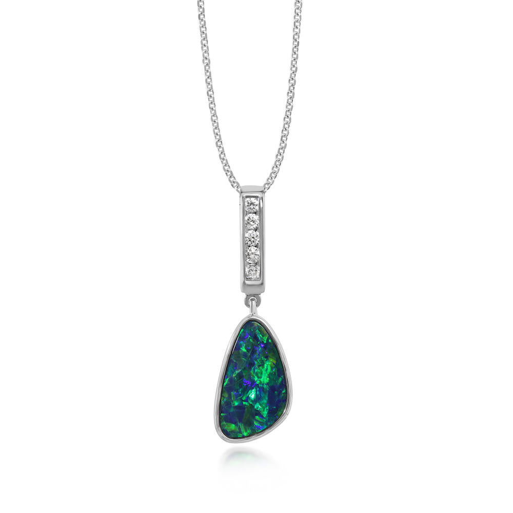 14K White Gold Australian Opal Doublet/Diamond Pendant